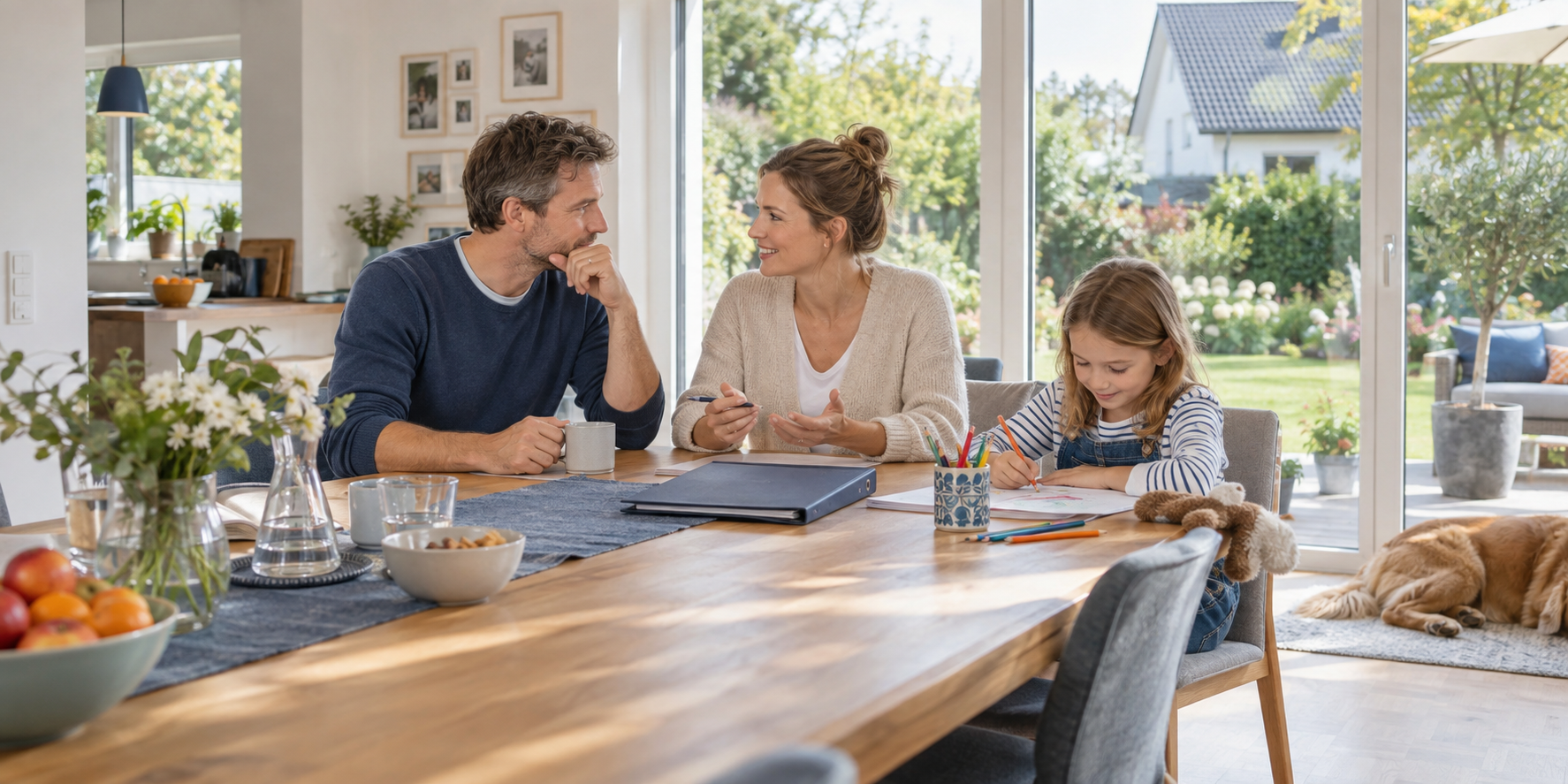 Familie am Esstisch in ihrem Zuhause bei einem Gespräch über die kommenden Jahre