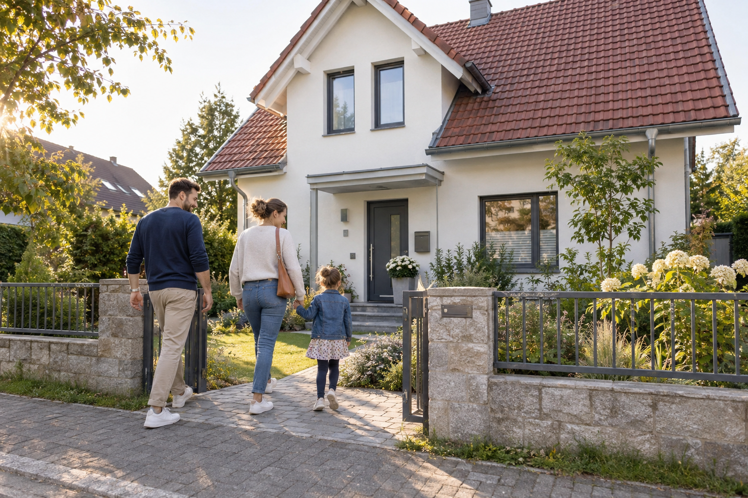 Familie auf dem Weg zu einem Haus mit Garten in einer mitteleuropäischen Wohngegend